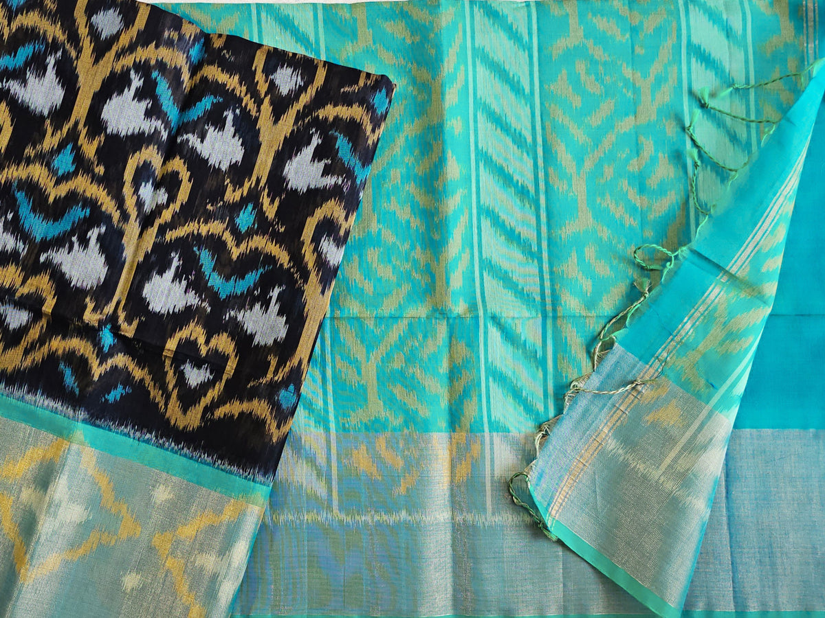 Black with Sky Blue Pochampally Ikkat Silk Cotton (SICO Pattu)