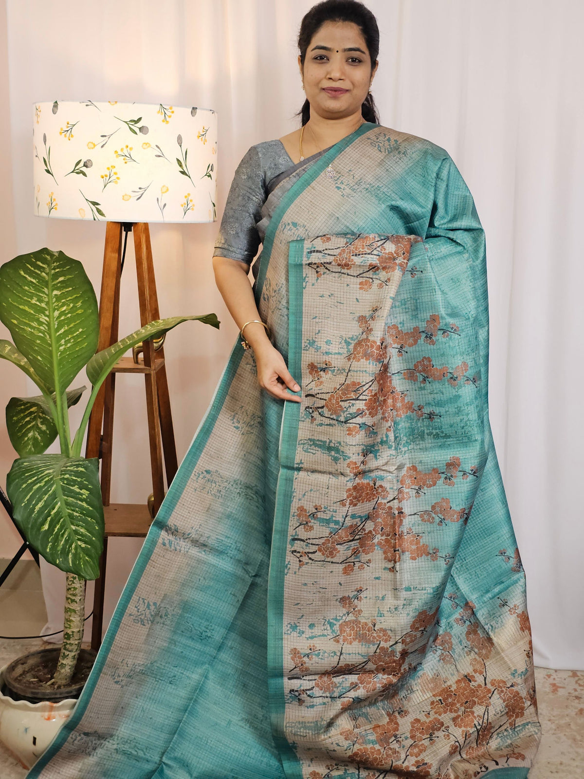 Casual Semi Tussar Checks Weave Saree - Blue
