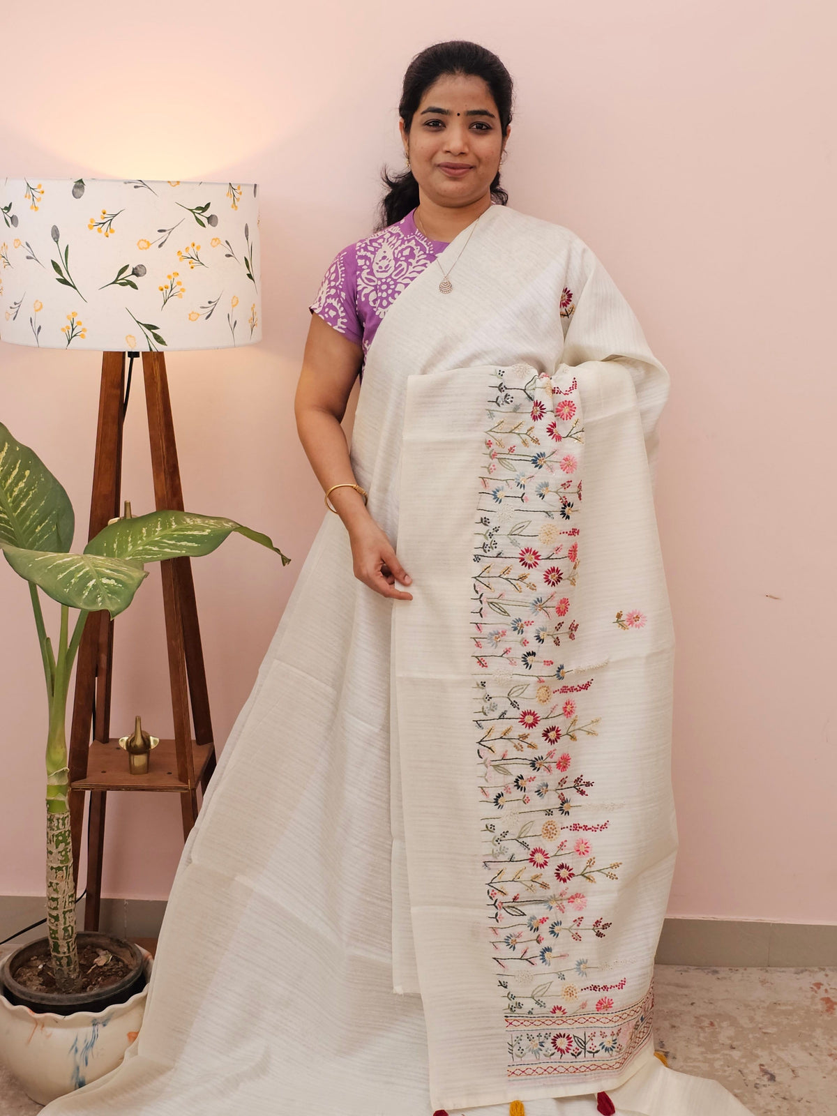 Premium Soft Linen Tissue with Hand Emboridery - White