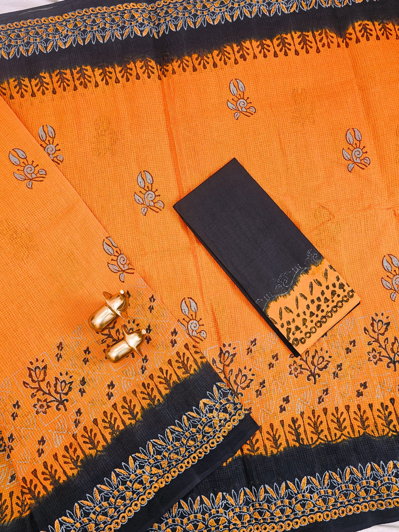 Pure Cotton with Checks Hand Block Prints - Orange with Black