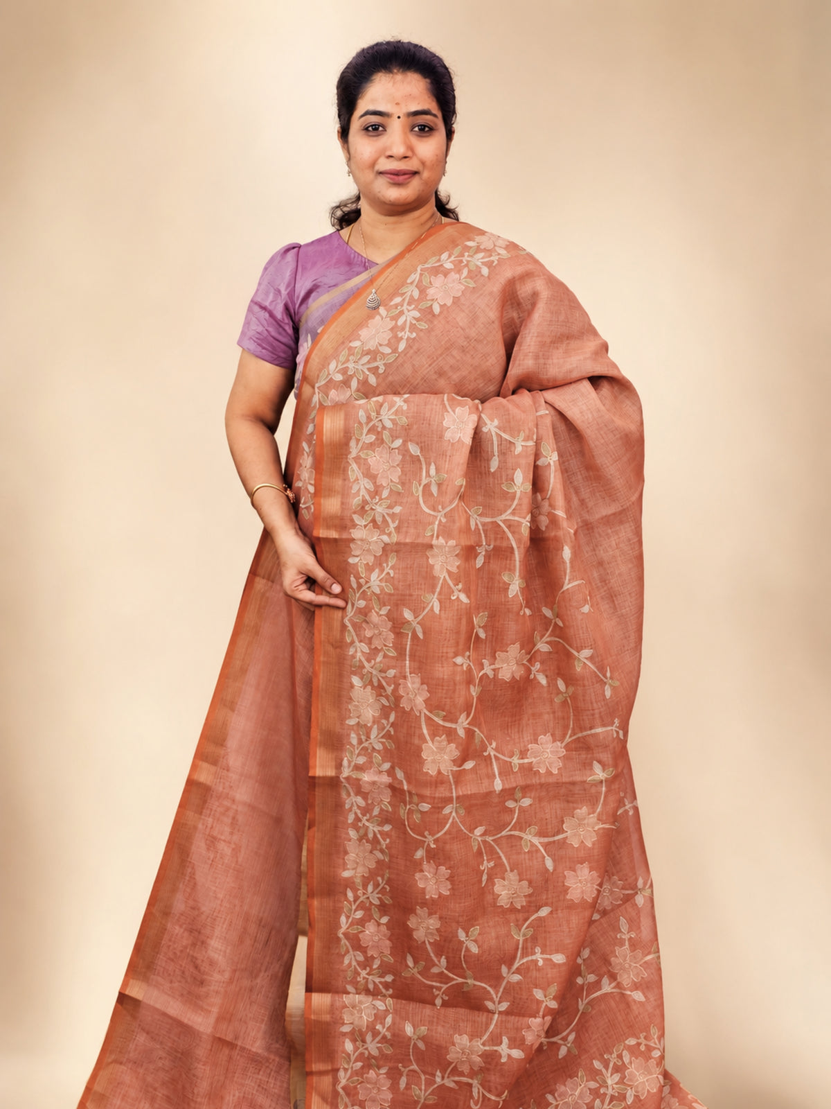 Linen Tissue with Aari Work - Orange