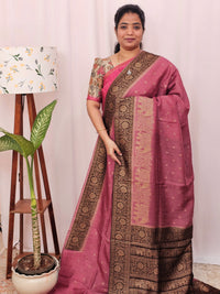 Jute Banarasi Silk Saree - Onion Pink with Brown
