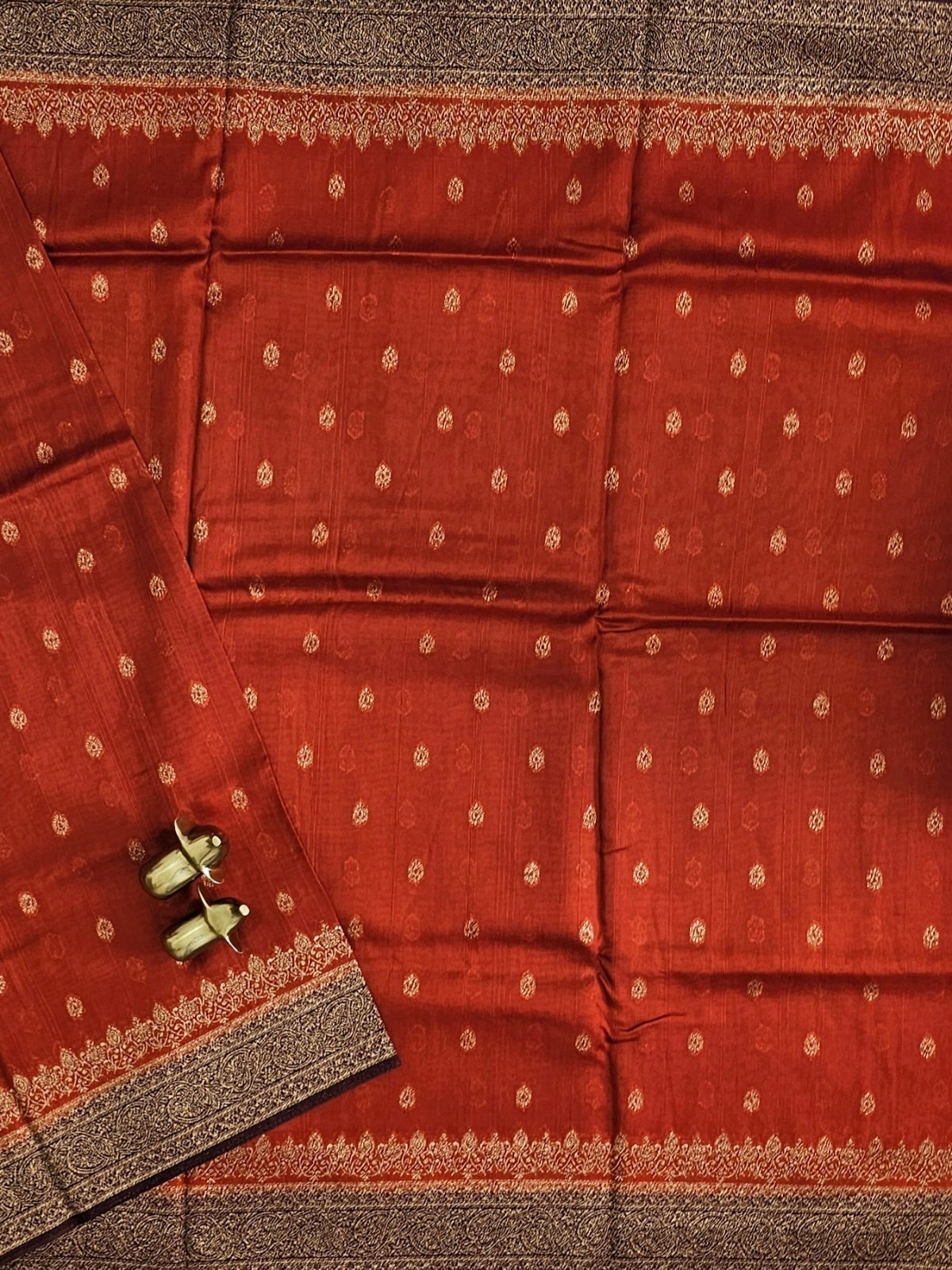 Jute Banarasi Silk Saree - Rust Orange with Brown
