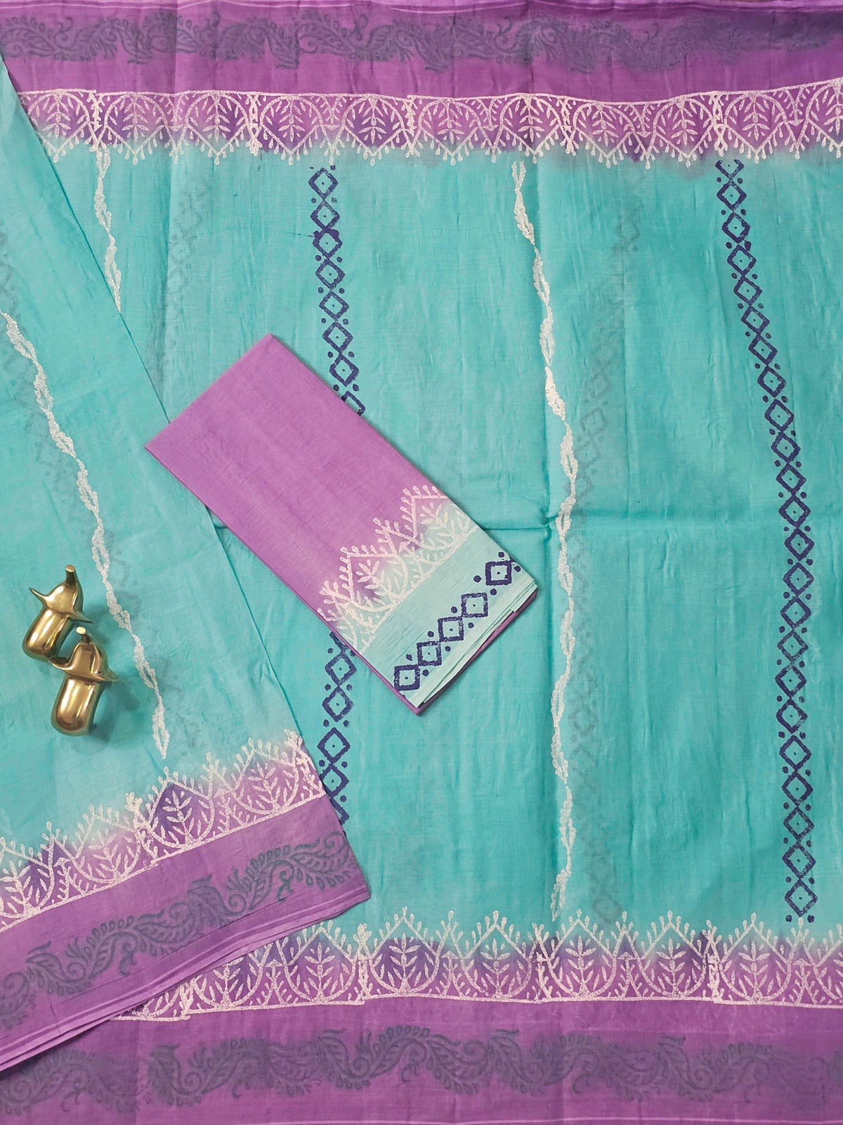 Pure Cotton with Hand Block Prints - Sea Green with Purple