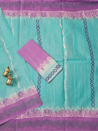 Pure Cotton with Hand Block Prints - Sea Green with Purple