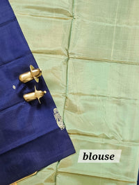 Chinnalampattu Saree with Blouse - Dark Blue with Green