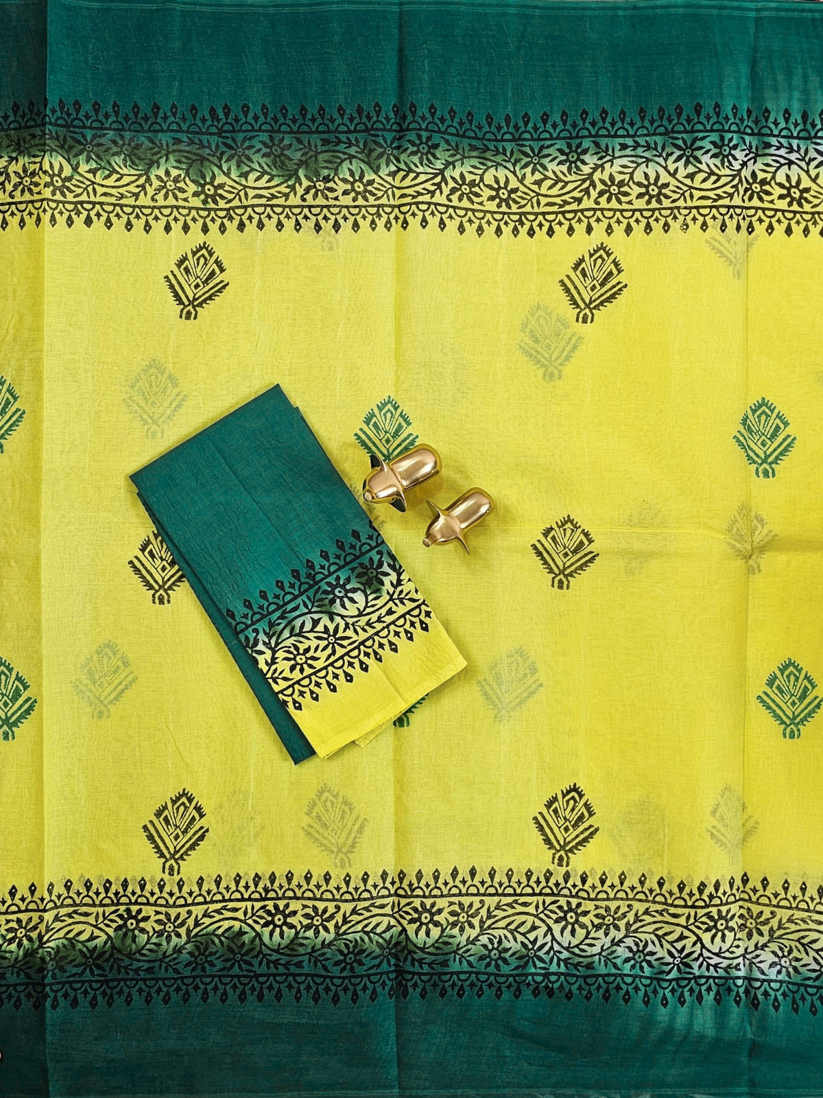 Pure Cotton with Hand Block Prints - Lemon Yellow with Peacock Green