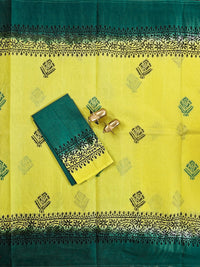 Pure Cotton with Hand Block Prints - Lemon Yellow with Peacock Green