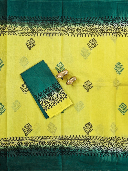 Pure Cotton with Hand Block Prints - Lemon Yellow with Peacock Green