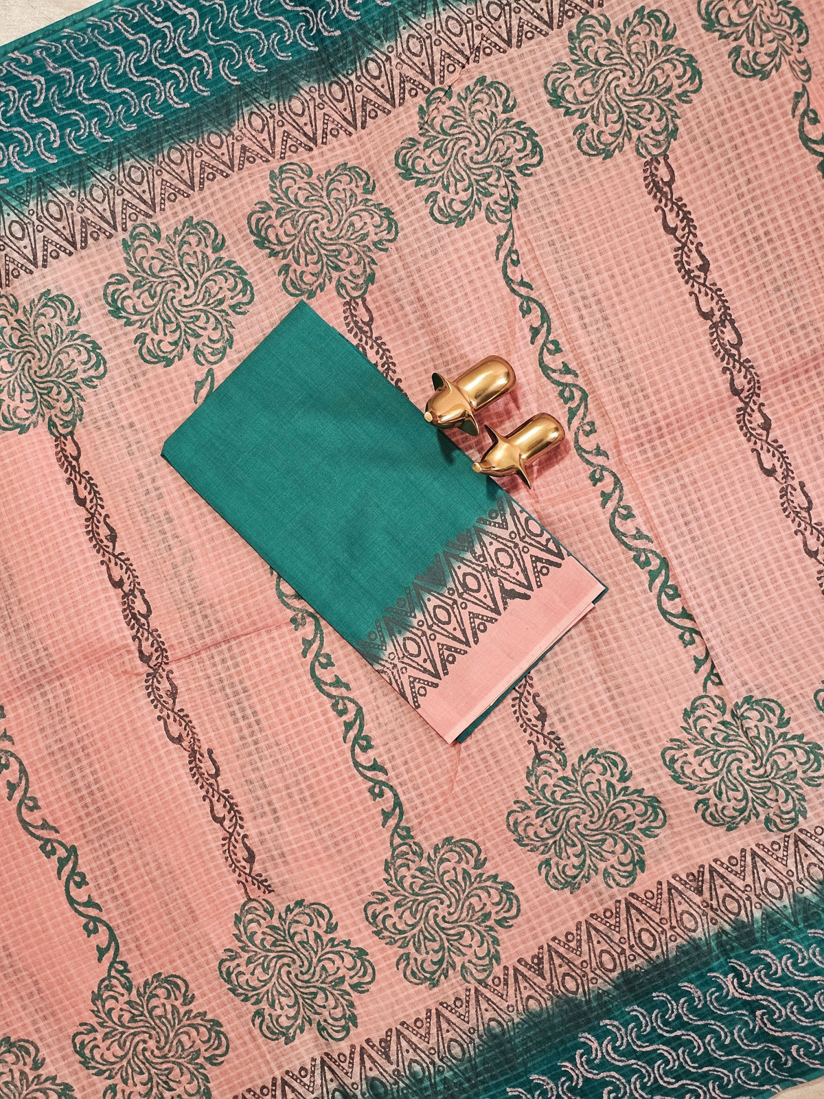 Pure Cotton with Checks Hand Block Prints - Peachish Pink with Sea Green