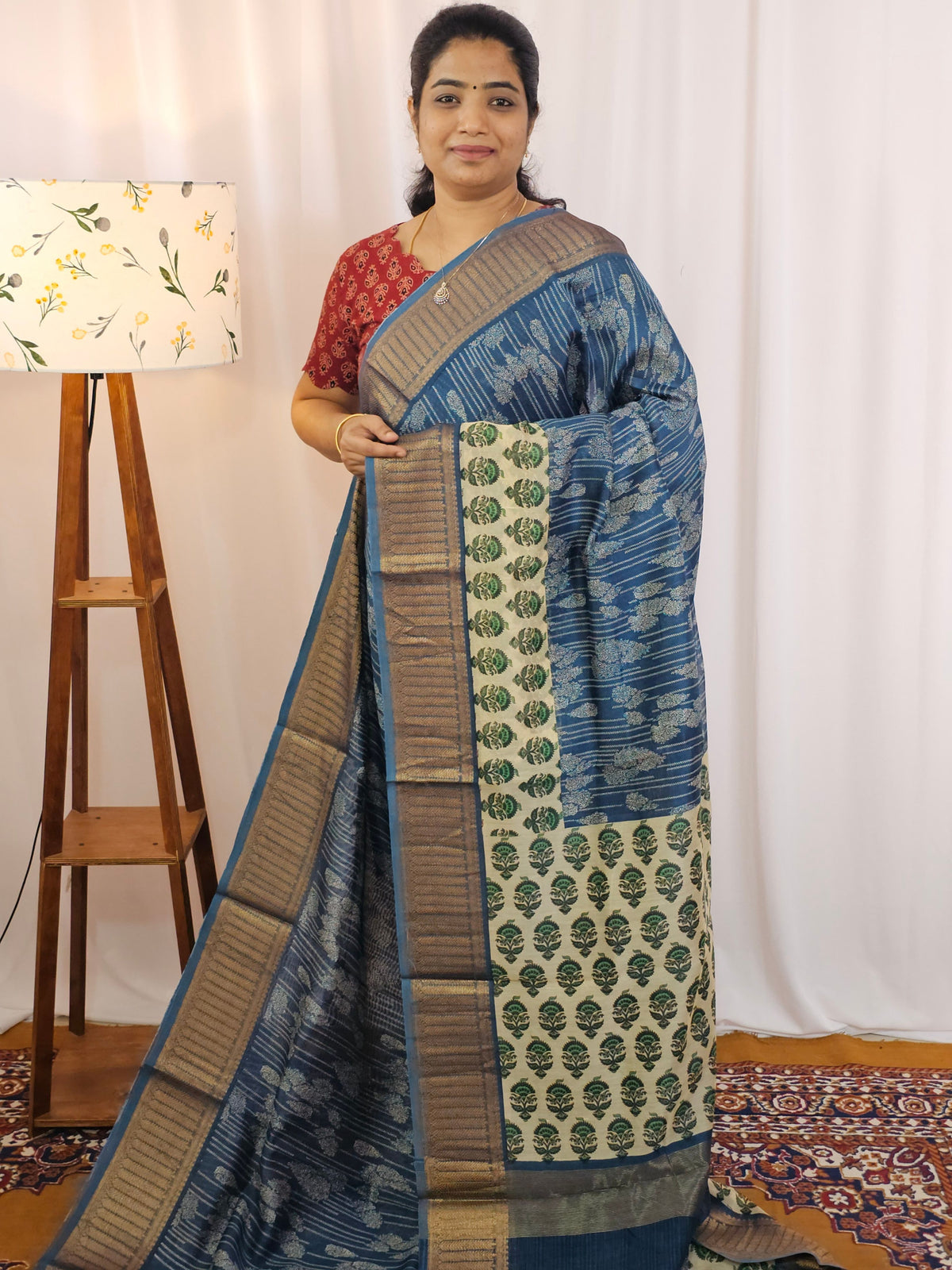 Pure Chanderi Butter Silk - Cobalt Blue with Cream