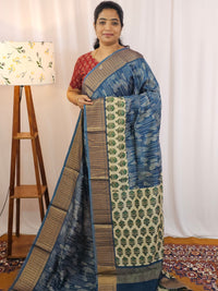 Pure Chanderi Butter Silk - Cobalt Blue with Cream