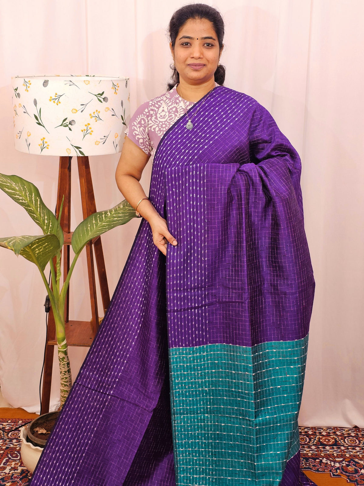 Semi Raw Silk Saree - Purple with Blue