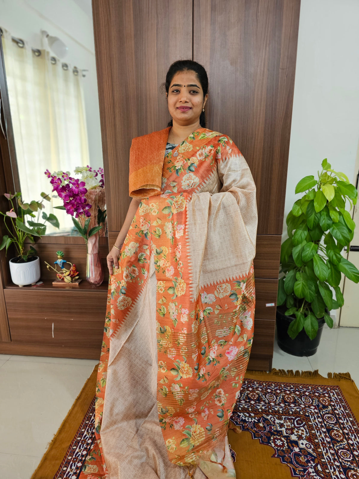 Semi Tussar Sarees with Digital Printed Borders  -Light & Dark Orange Shade