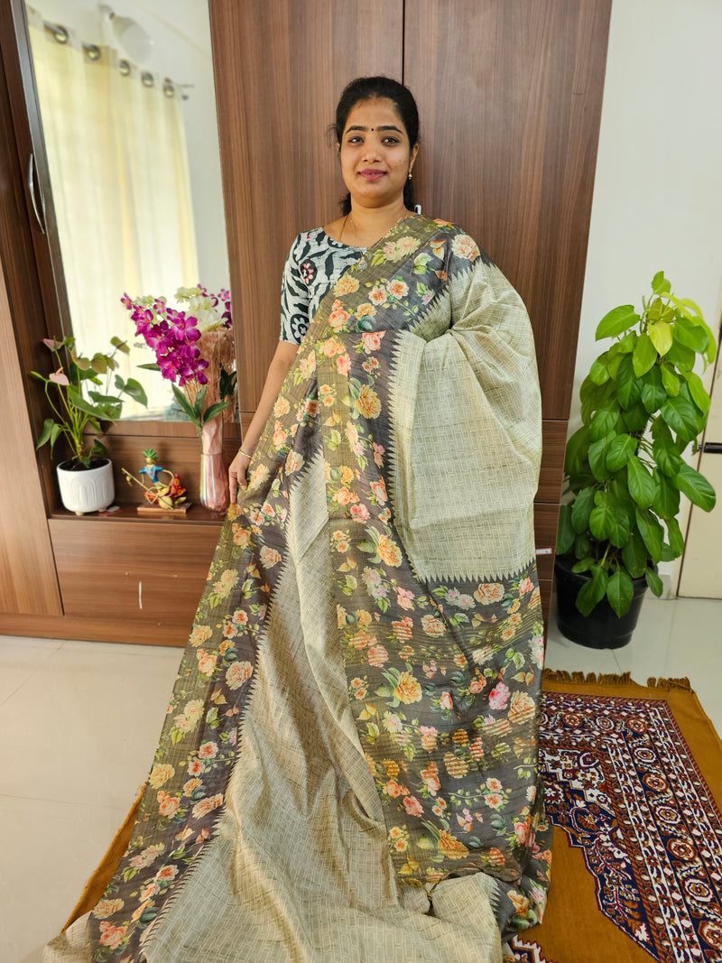 Semi Tussar Sarees with Digital Printed Borders  - Light & Dark Grey