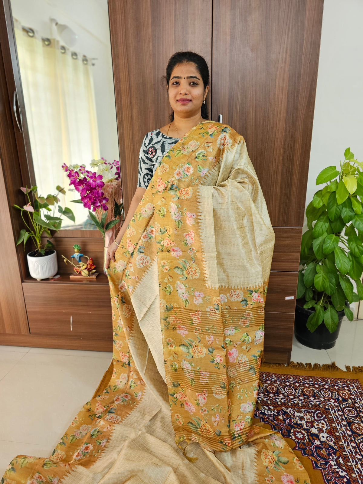 Semi Tussar Sarees with Digital Printed Borders  - Light & Dark Mustard Yellow