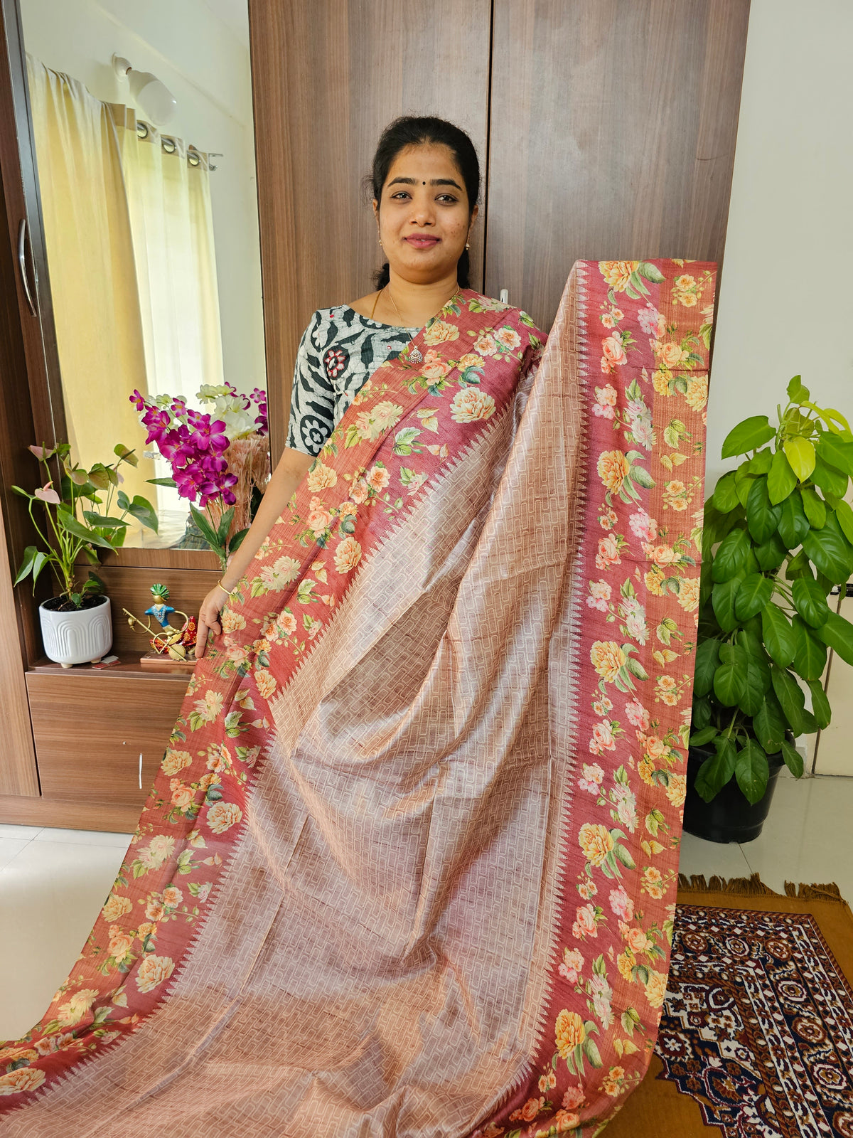 Semi Tussar Sarees with Digital Printed Borders  -Light & Dark Onion Pink