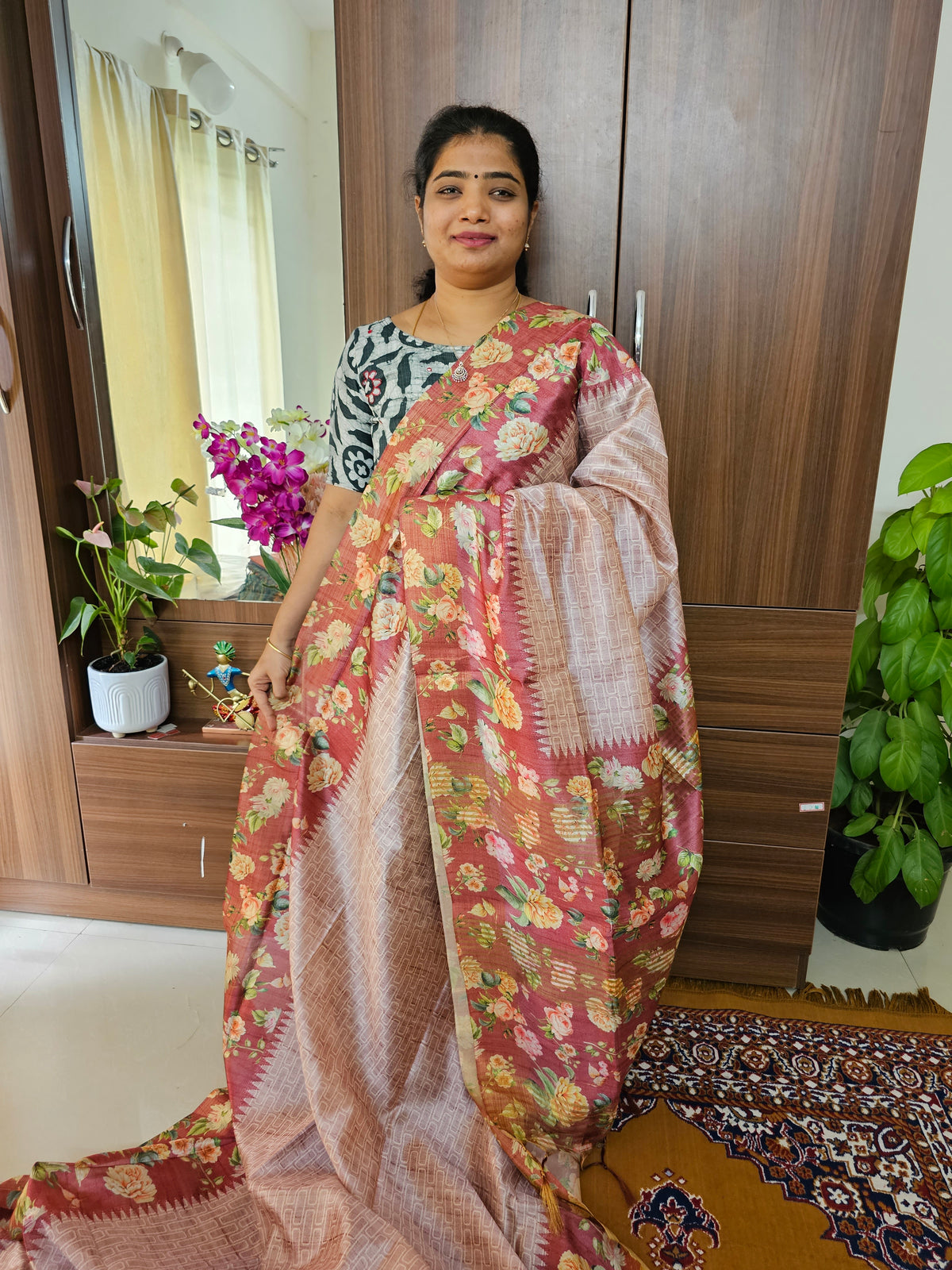 Semi Tussar Sarees with Digital Printed Borders  -Light & Dark Onion Pink