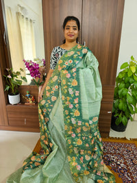 Semi Tussar Sarees with Digital Printed Borders  - Light & Dark Green