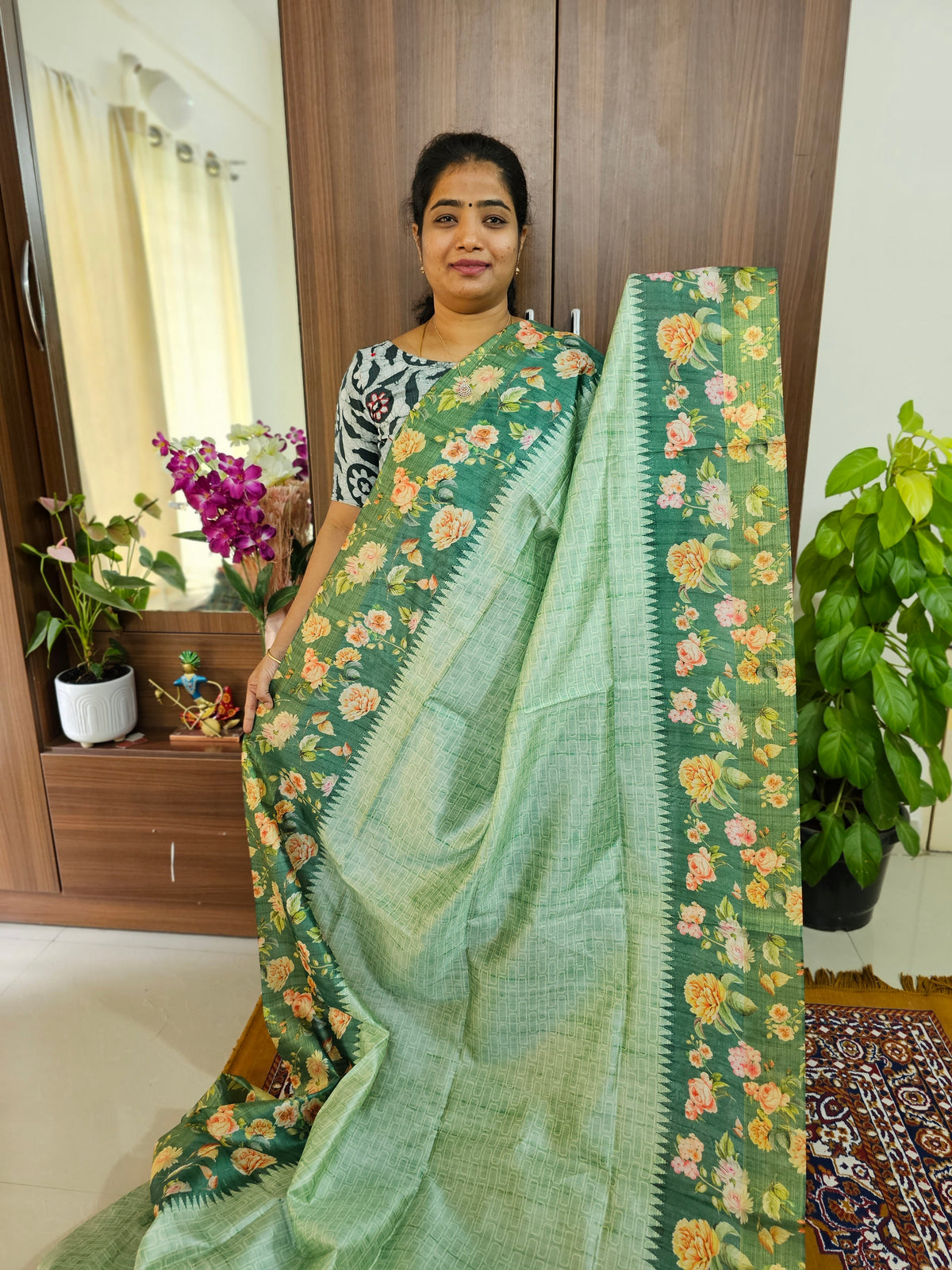 Semi Tussar Sarees with Digital Printed Borders  - Light & Dark Green