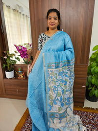 Semi Tussar Soft Saree with Kalamkari Pattern Pallu & Blouse   - Blue