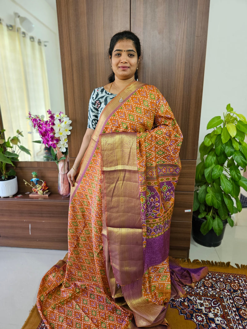 Soft Patola Saree with Kanjivaram Zari Woven Border - Dark Orange with Dual Shade Brown