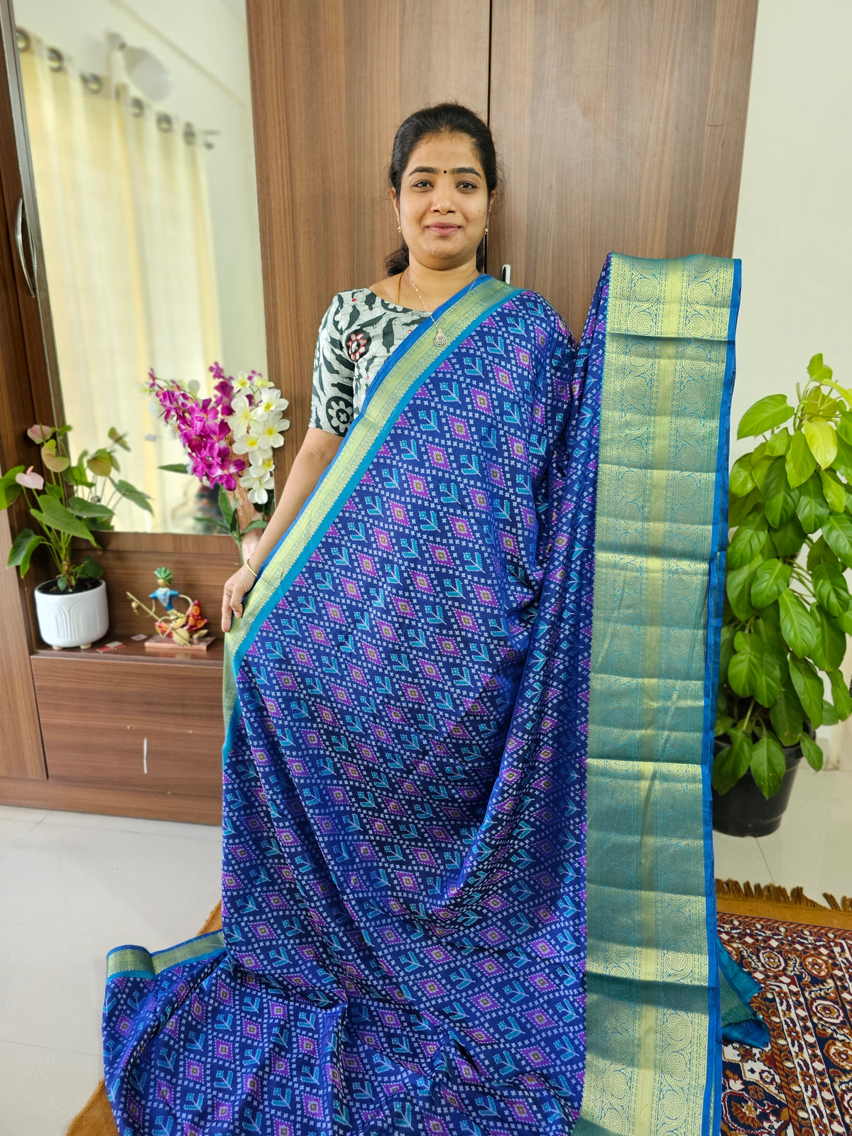 Soft Patola Saree with Kanjivaram Zari Woven Border - Dark Blue with Blue