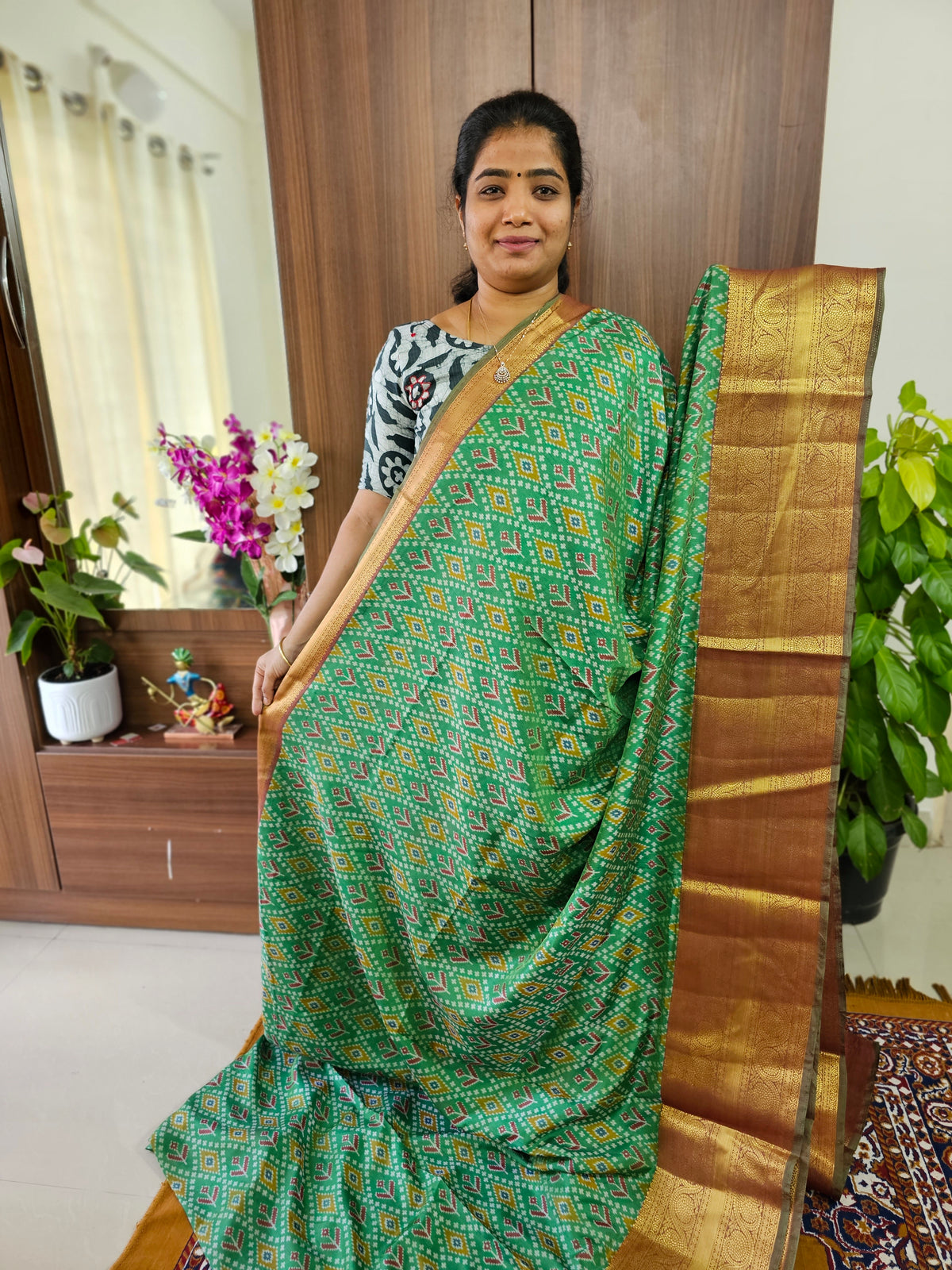 Soft Patola Saree with Kanjivaram Zari Woven Border - Green with Dual Shade Brown