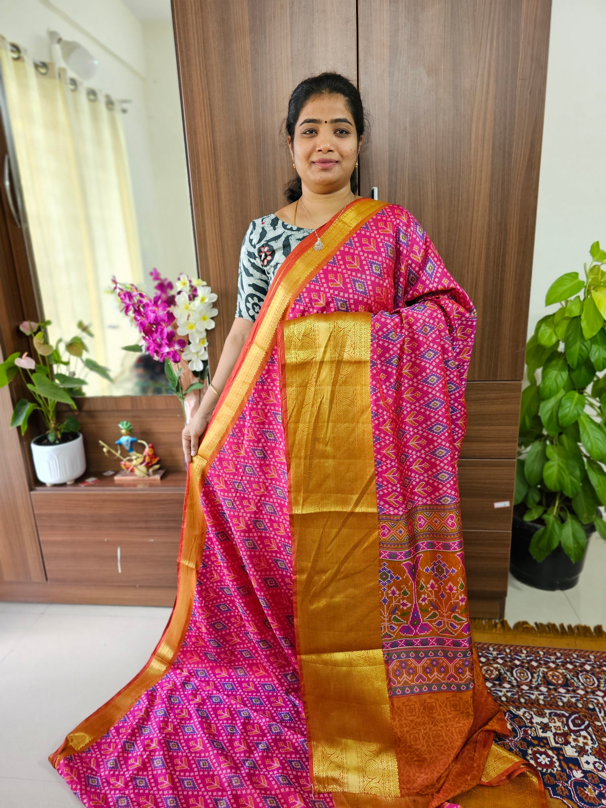 Soft Patola Saree with Kanjivaram Zari Woven Border - Pink with Brown