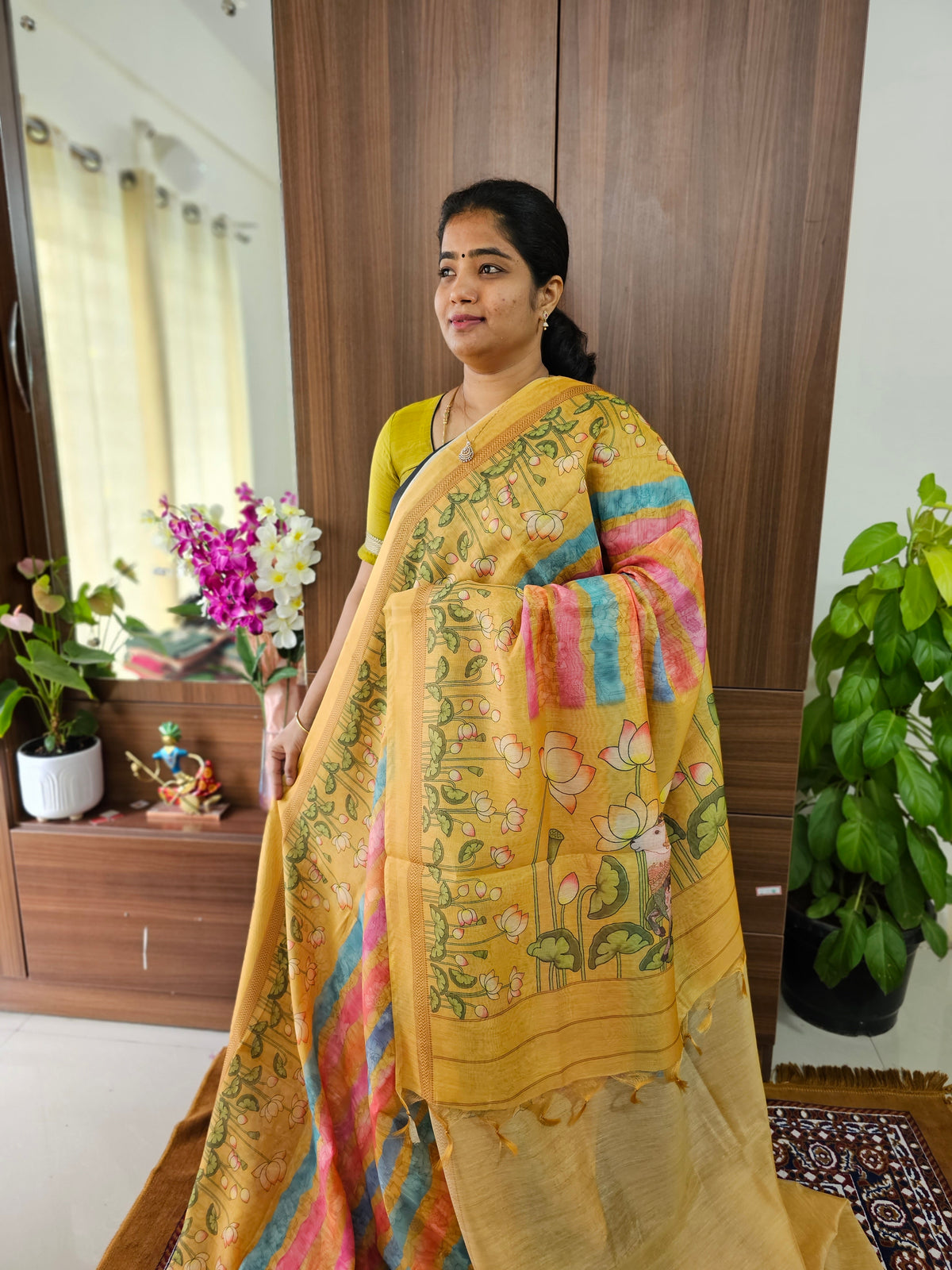 Semi Chanderi Saree - Mustard Yellow