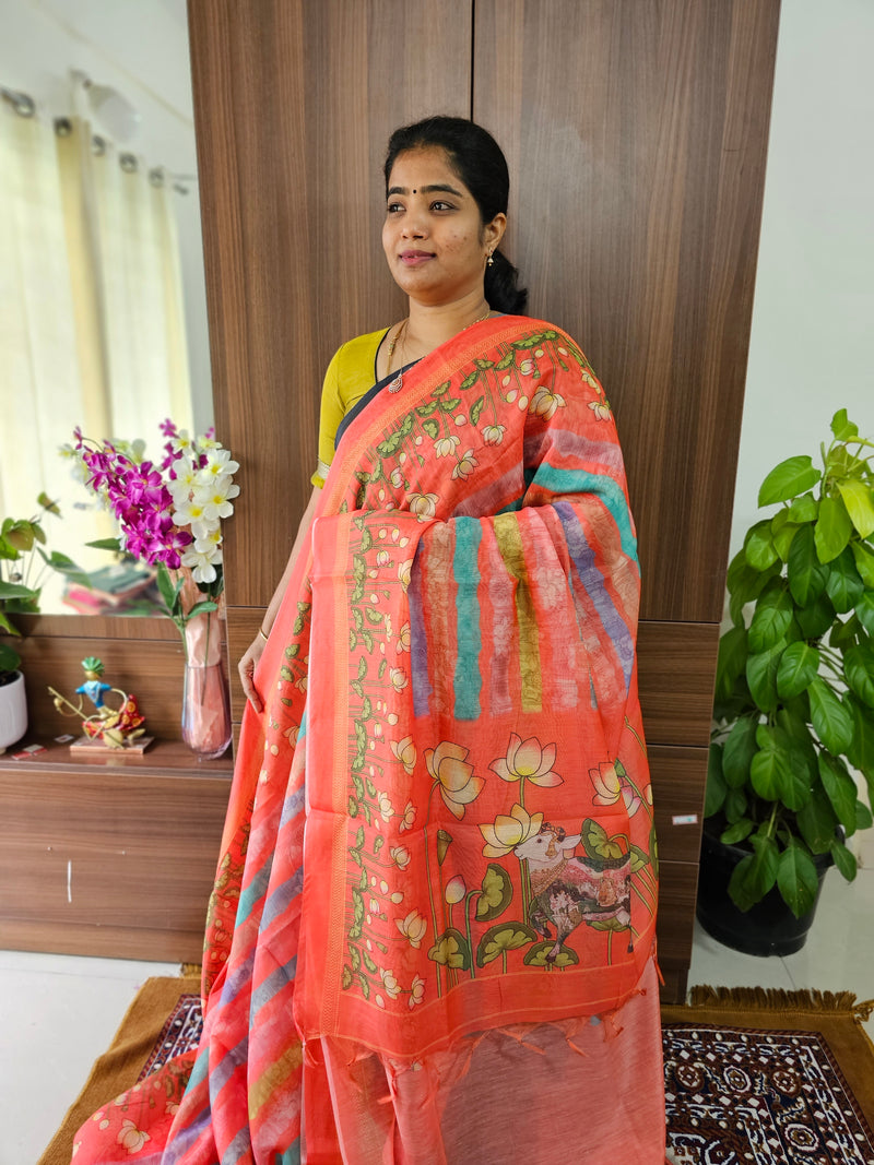 Semi Chanderi Saree - Dark Reddish Orange