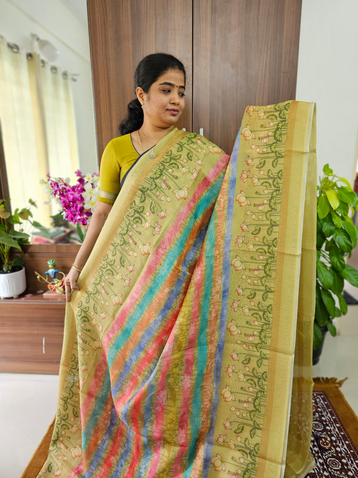 Semi Chanderi Saree - Light Mehndi Green