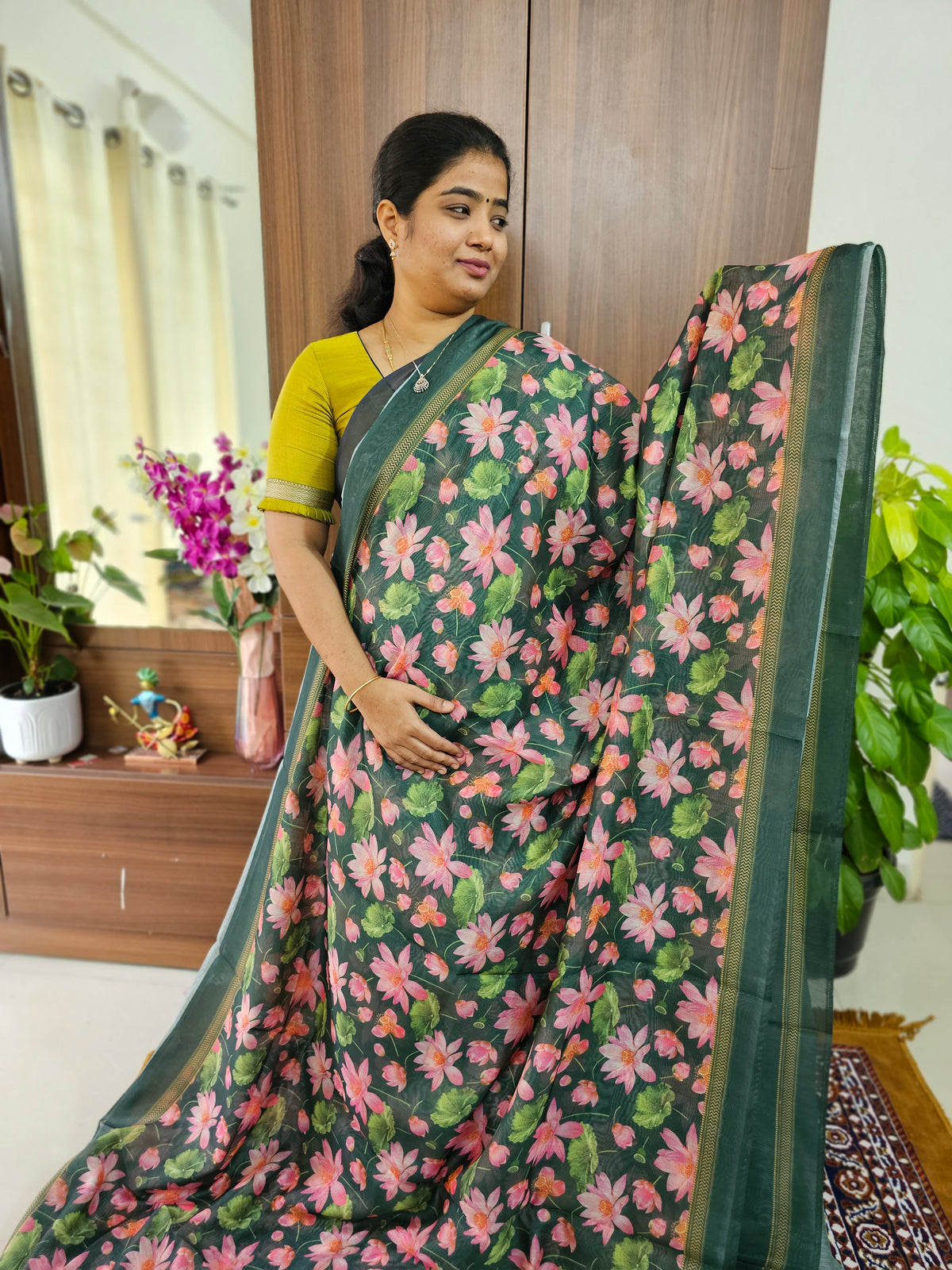 Semi Chanderi Saree - Bottle Green