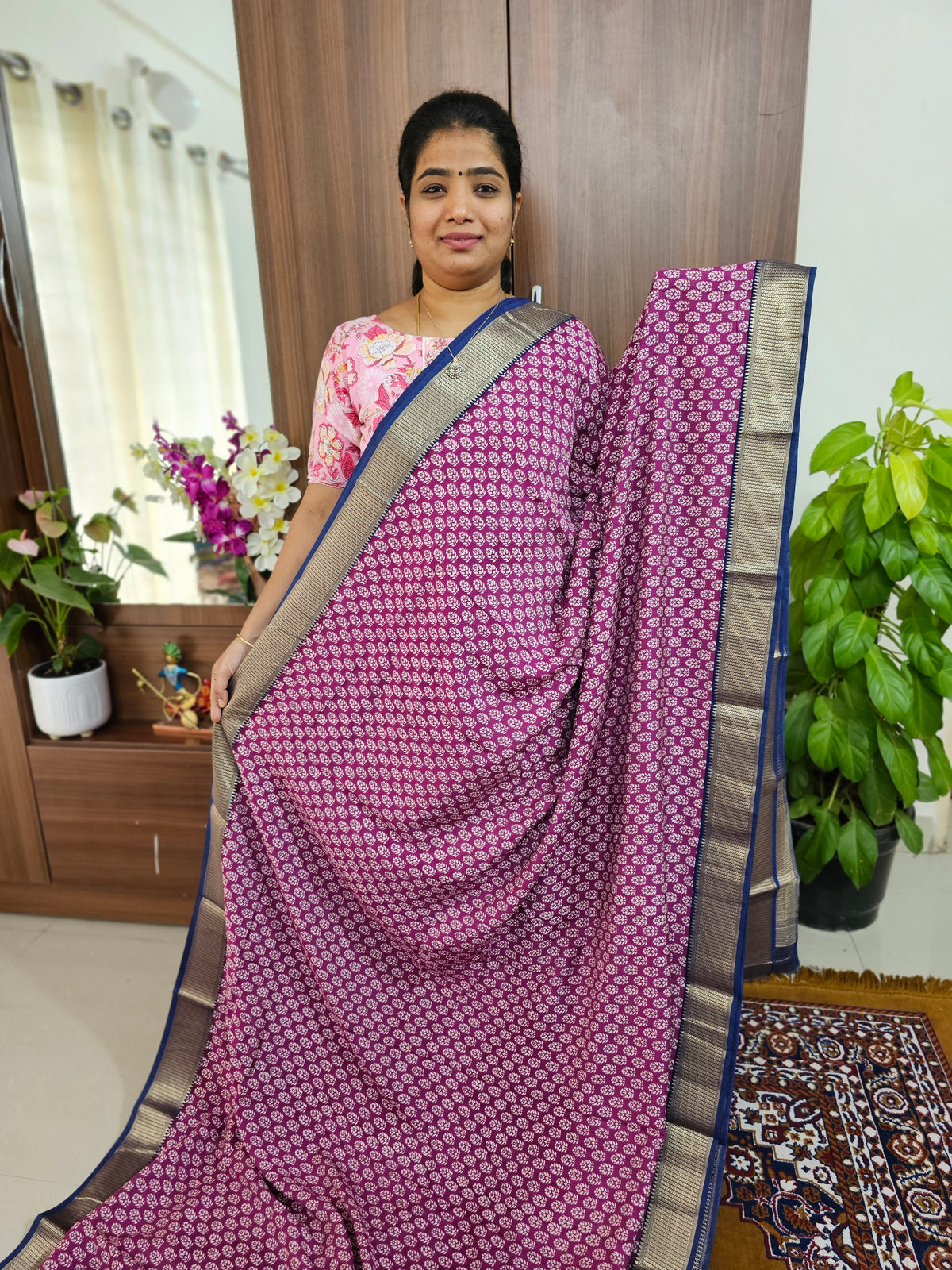 Semi Moonga Silk Saree - Dark Purple with Blue