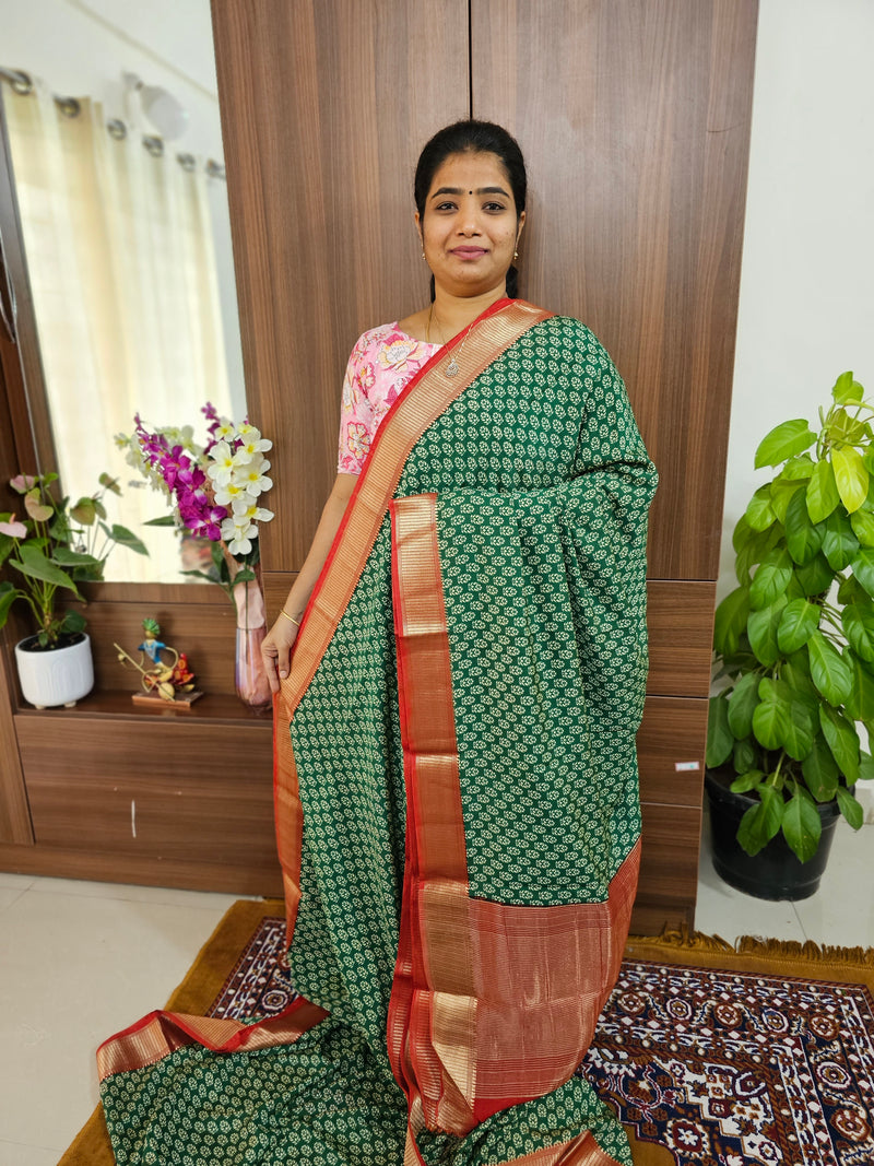 Semi Moonga Silk Saree - Bottle Green with Red