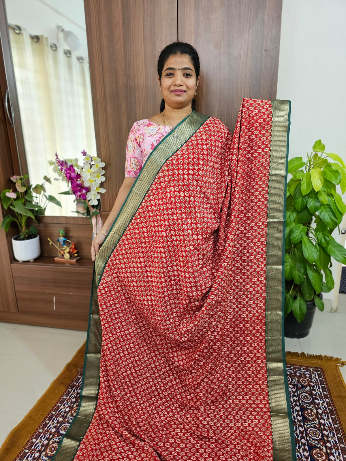 Semi Moonga Silk Saree - Red with Green