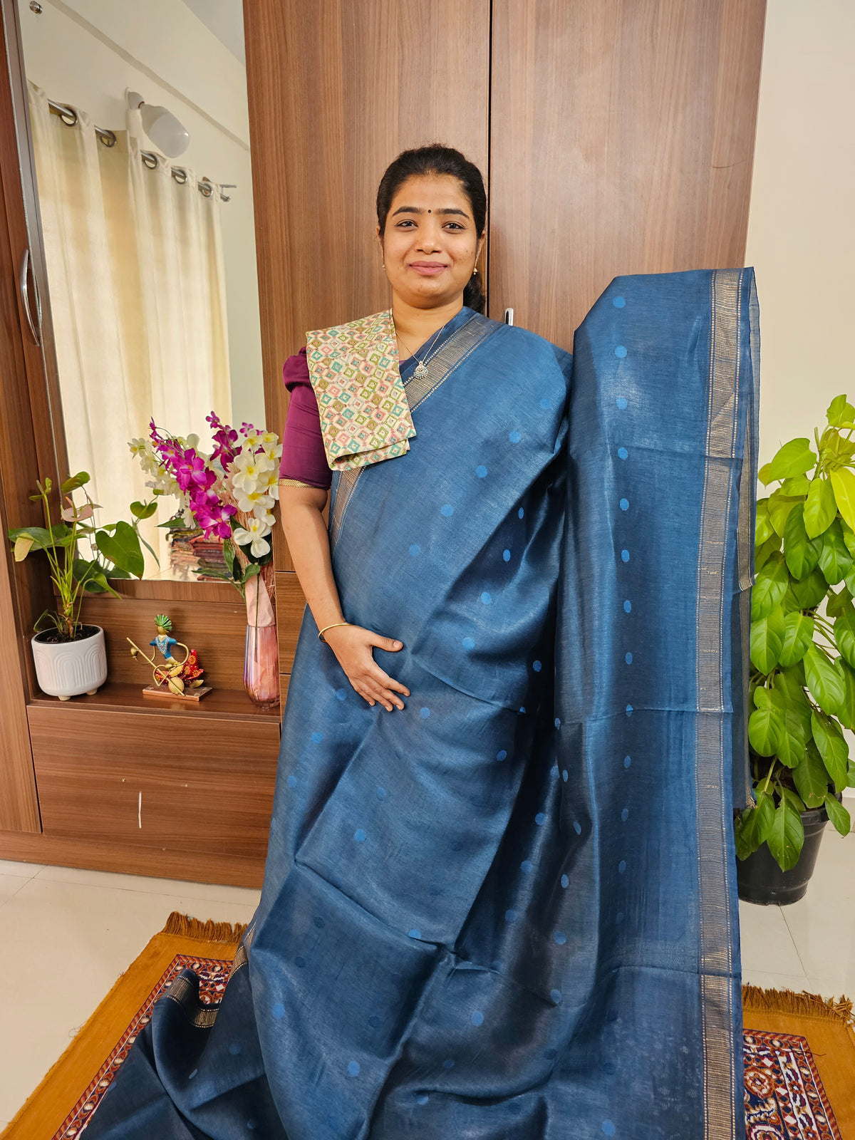 Linen Silk Sarees - Dark Blue