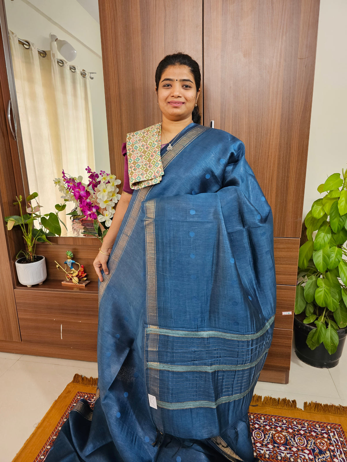 Linen Silk Sarees - Dark Blue