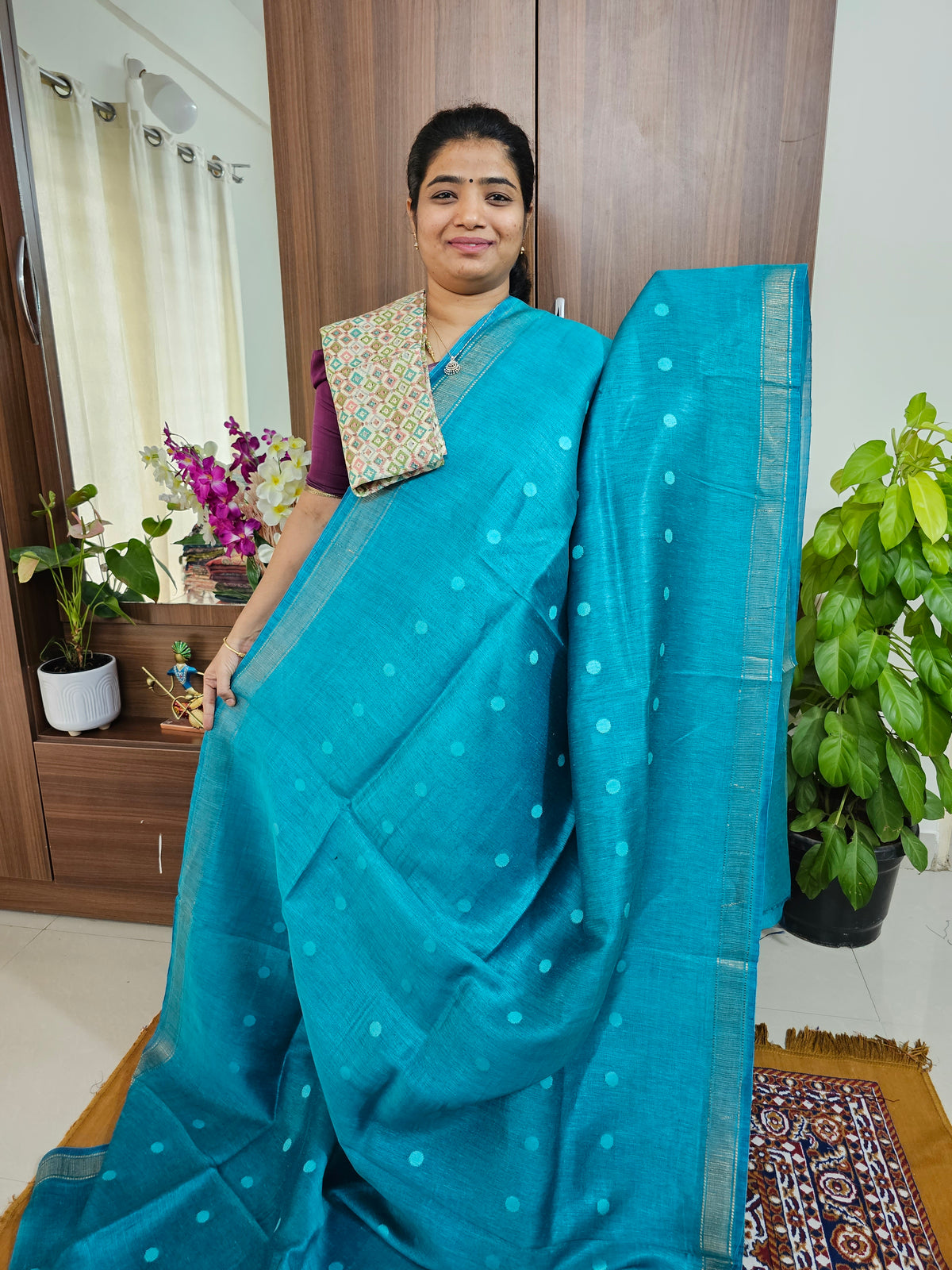 Linen Silk Sarees - Dark Sea Green