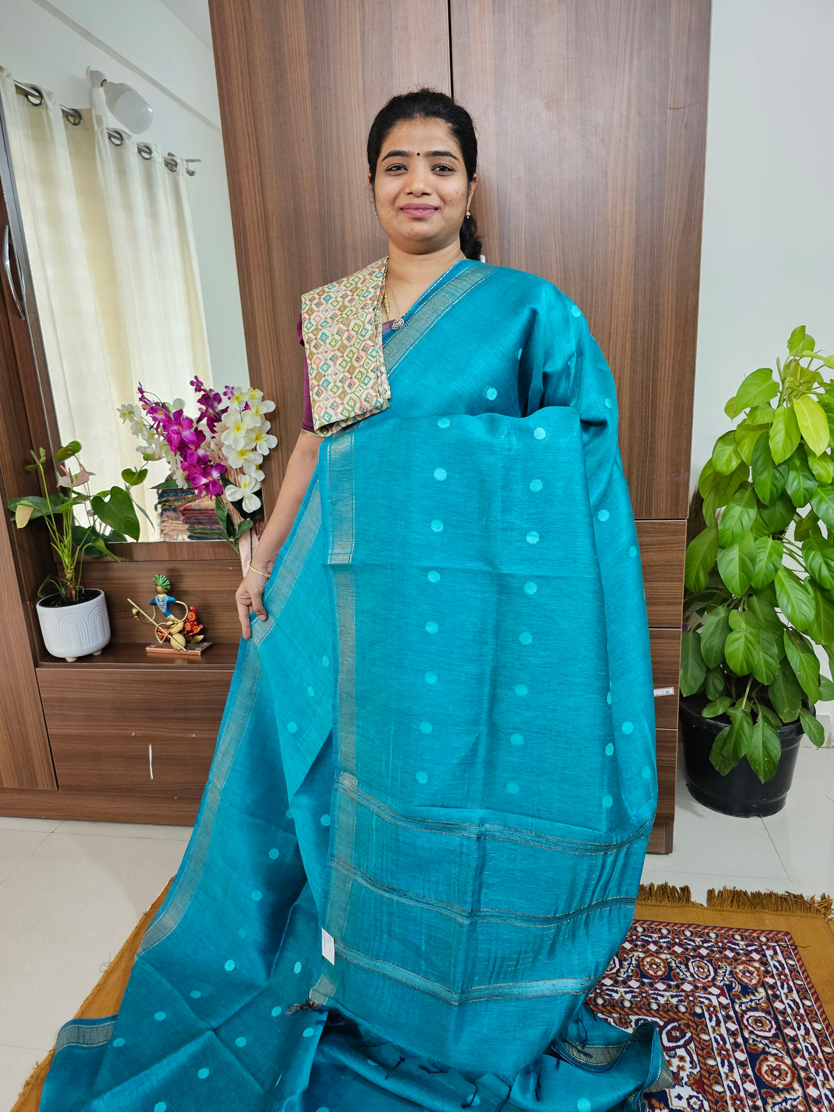 Linen Silk Sarees - Dark Sea Green