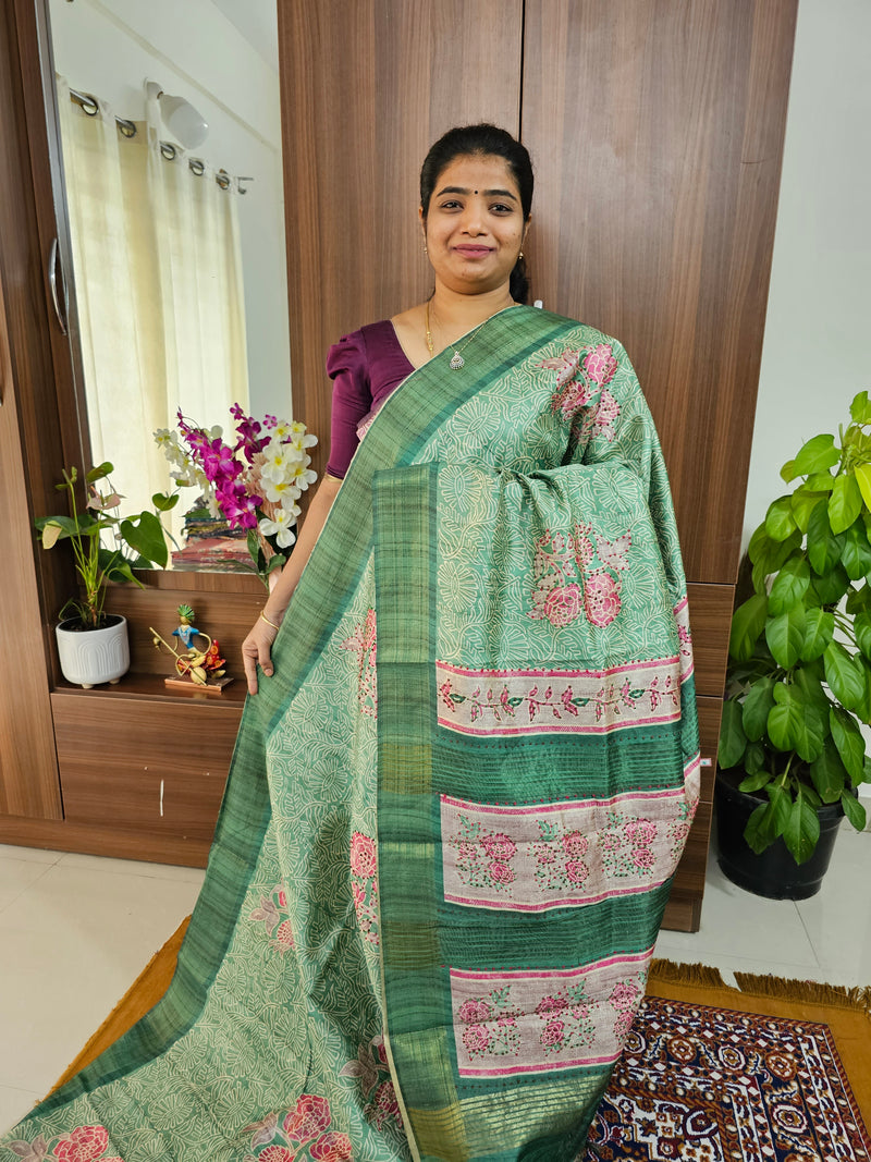 Semi Ghicha with Kalamkari Printed & Dotted Hand Emboridery Saree - Green