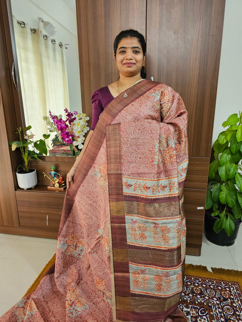 Semi Ghicha with Kalamkari Printed & Dotted Hand Emboridery Saree -Onion Pink