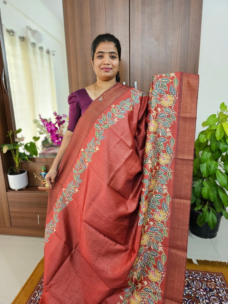 Semi Ghicha with Kalamkari Printed & Dotted Hand Emboridery Saree - Maroon