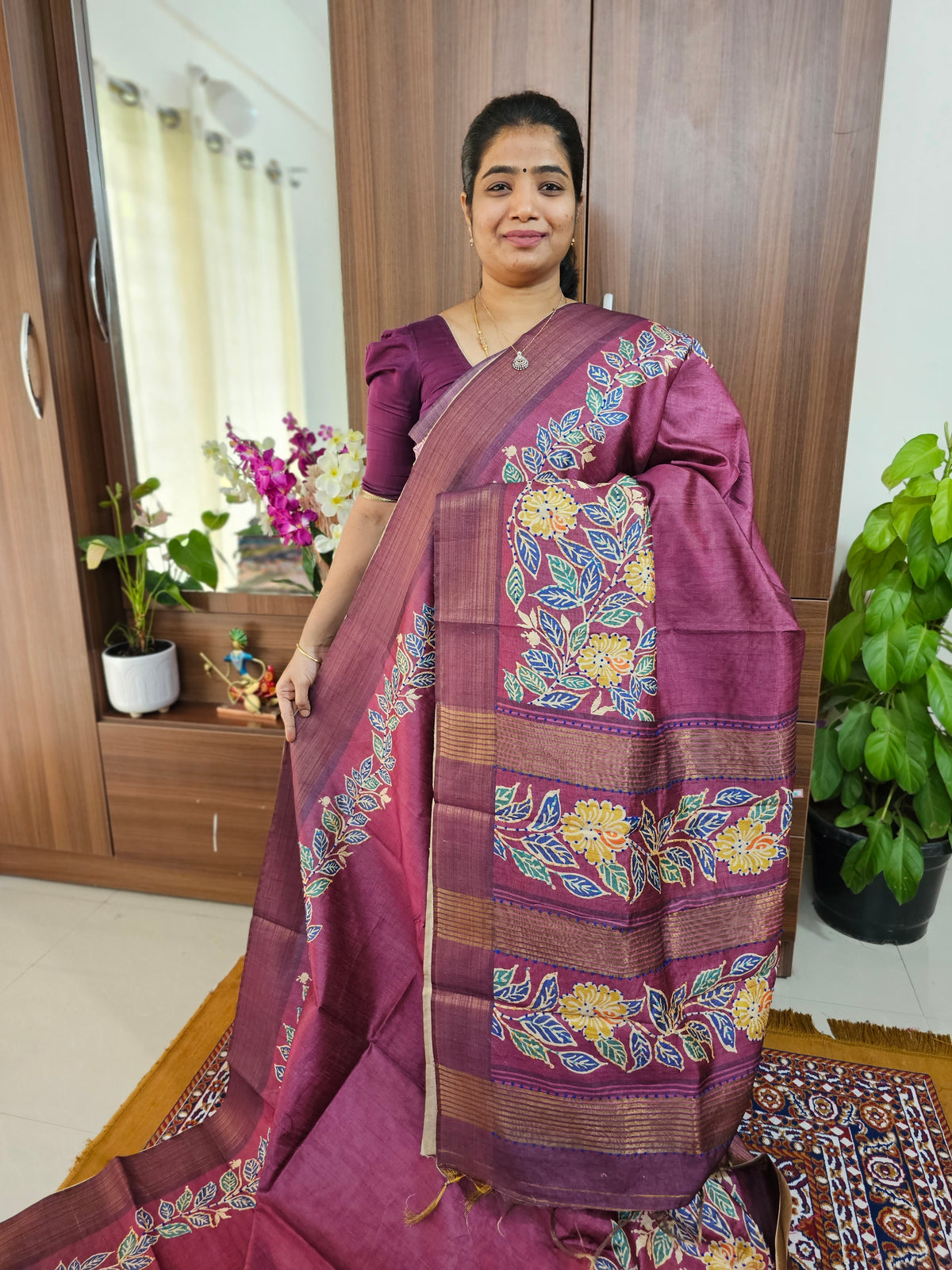 Semi Ghicha with Kalamkari Printed & Dotted Hand Emboridery Saree - Purple