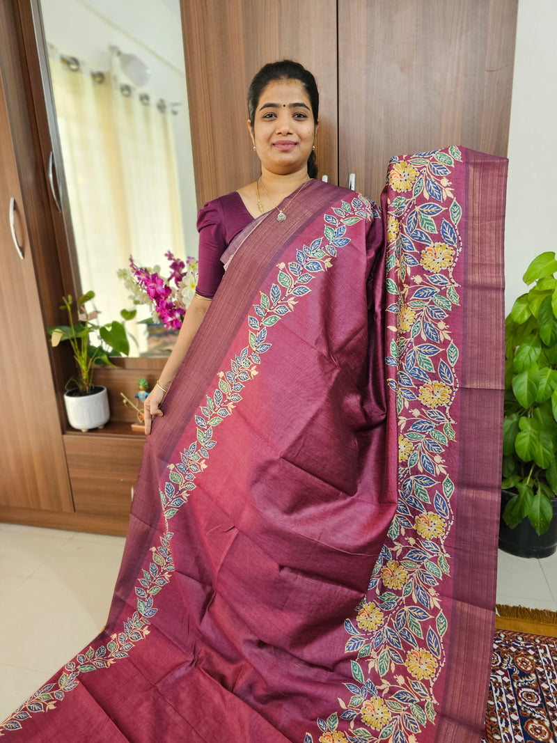 Semi Ghicha with Kalamkari Printed & Dotted Hand Emboridery Saree - Purple