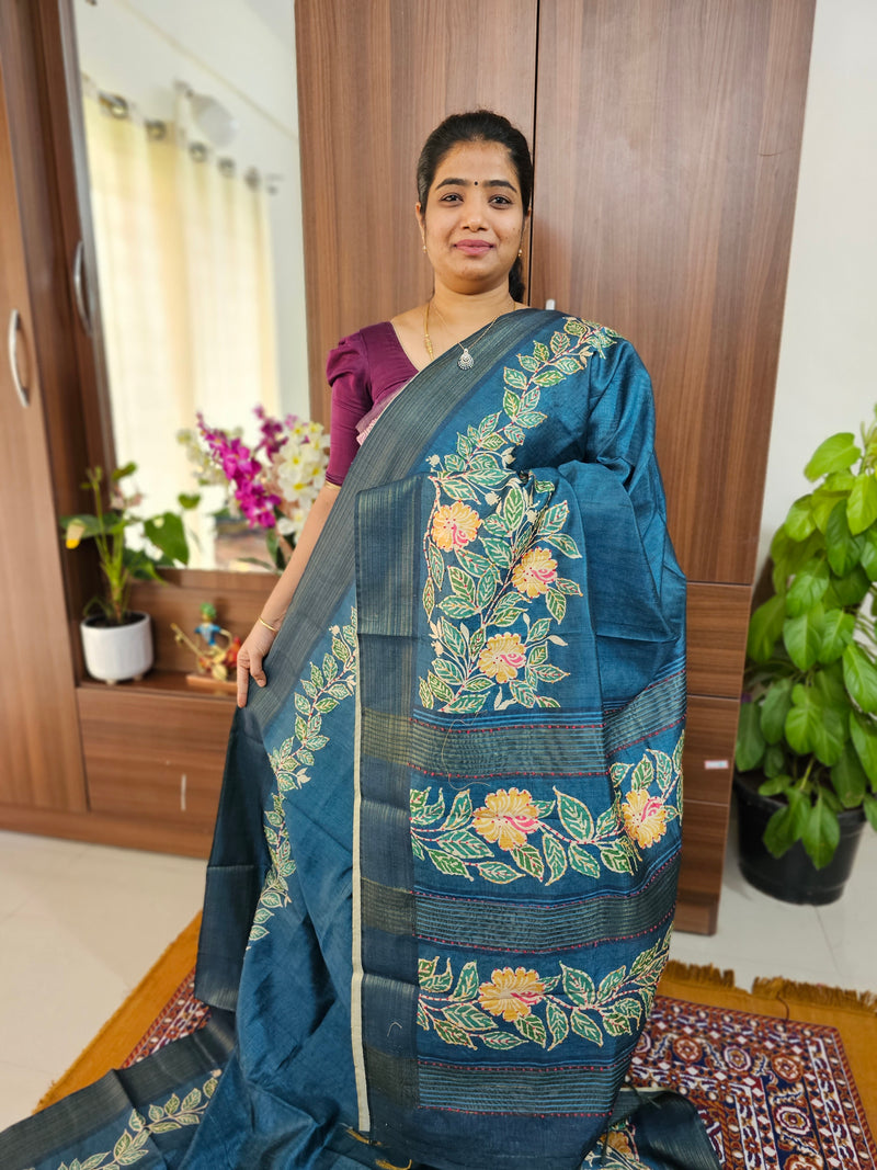 Semi Ghicha with Kalamkari Printed & Dotted Hand Emboridery Saree - Peacock Blue