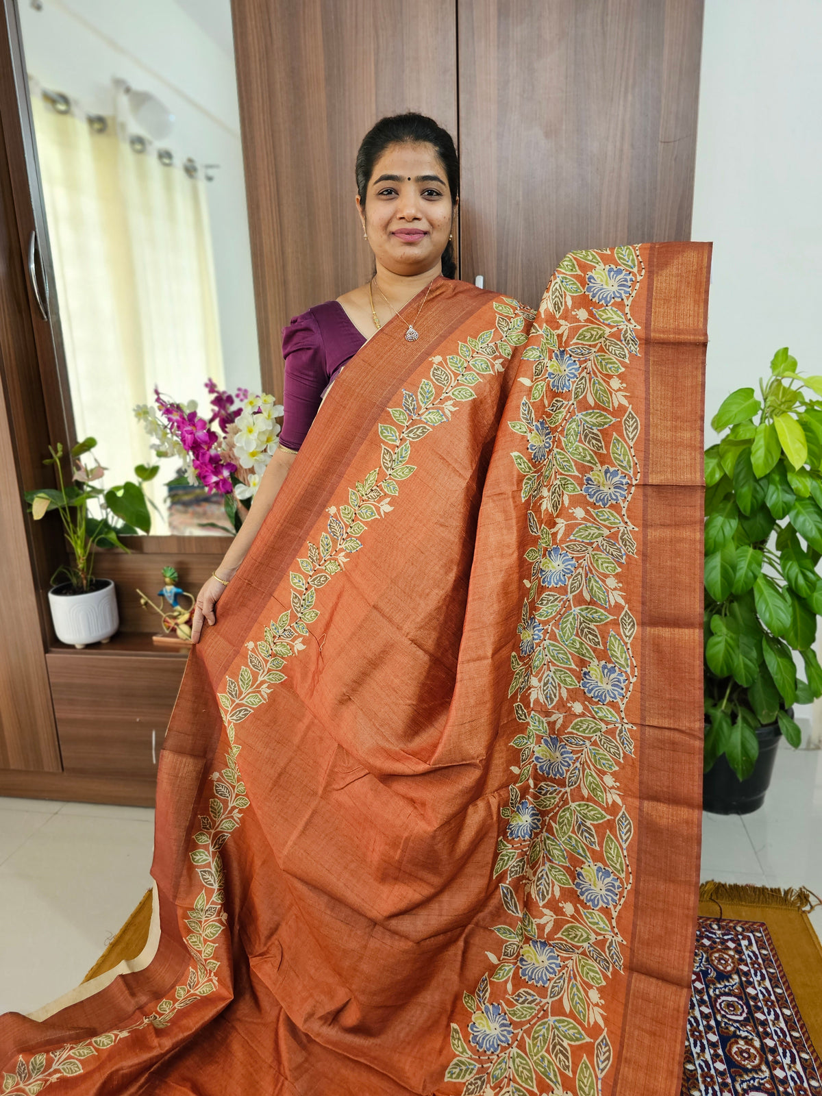 Semi Ghicha with Kalamkari Printed & Dotted Hand Emboridery Saree - Honey Brown