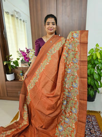 Semi Ghicha with Kalamkari Printed & Dotted Hand Emboridery Saree - Honey Brown