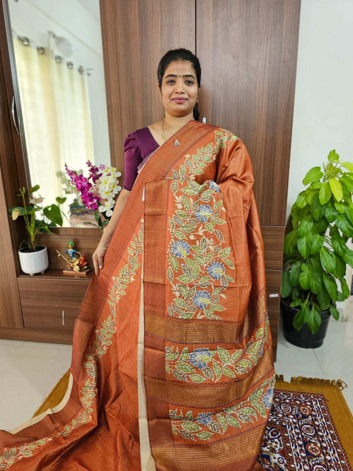 Semi Ghicha with Kalamkari Printed & Dotted Hand Emboridery Saree - Honey Brown