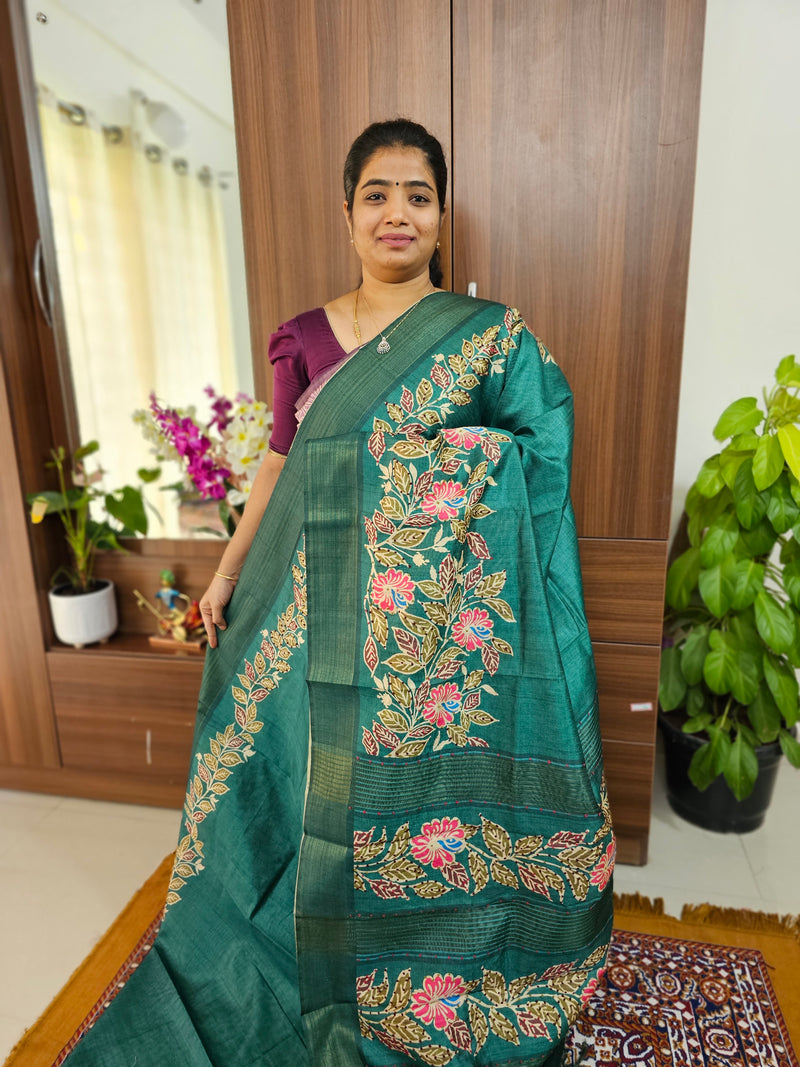 Semi Ghicha with Kalamkari Printed & Dotted Hand Emboridery Saree - Peacock Green